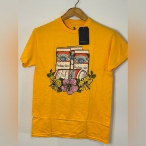 NWT Junk Food Clothing Budweiser Floral Graphic Short Sleeve T-Shirt Yellow XS